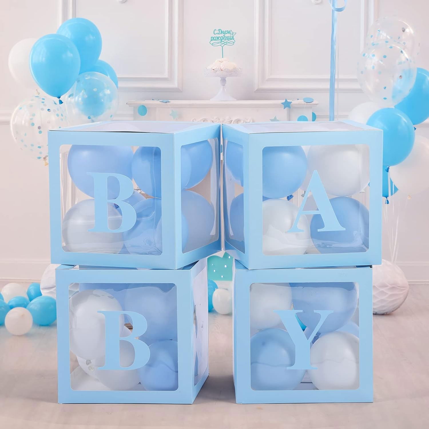 Set 4 Cutii pentru Baloane, Flippy, Model Scris Baby, Tematica Iubire, Cuburi Decorative din Plastic, Accesorii pentru Petrecere, 30 x30 cm, Transparente Contur Albastru [4]