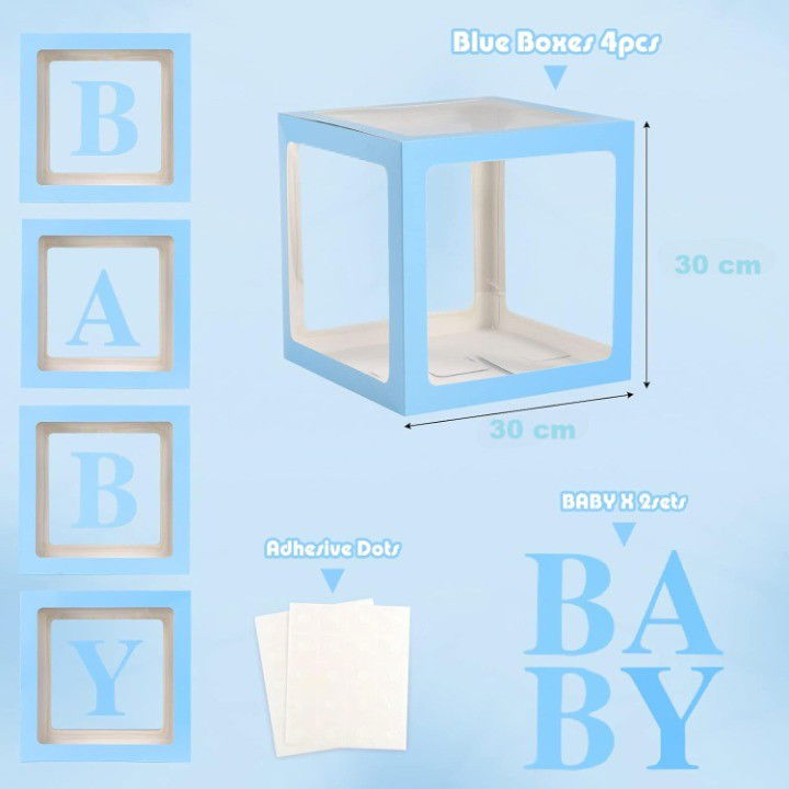 50 - 100 LEI - Set 4 Cutii pentru Baloane, Flippy, Model Scris Baby, Tematica Iubire, Cuburi Decorative din Plastic, Accesorii pentru Petrecere, 30 x30 cm, Transparente Contur Albastru