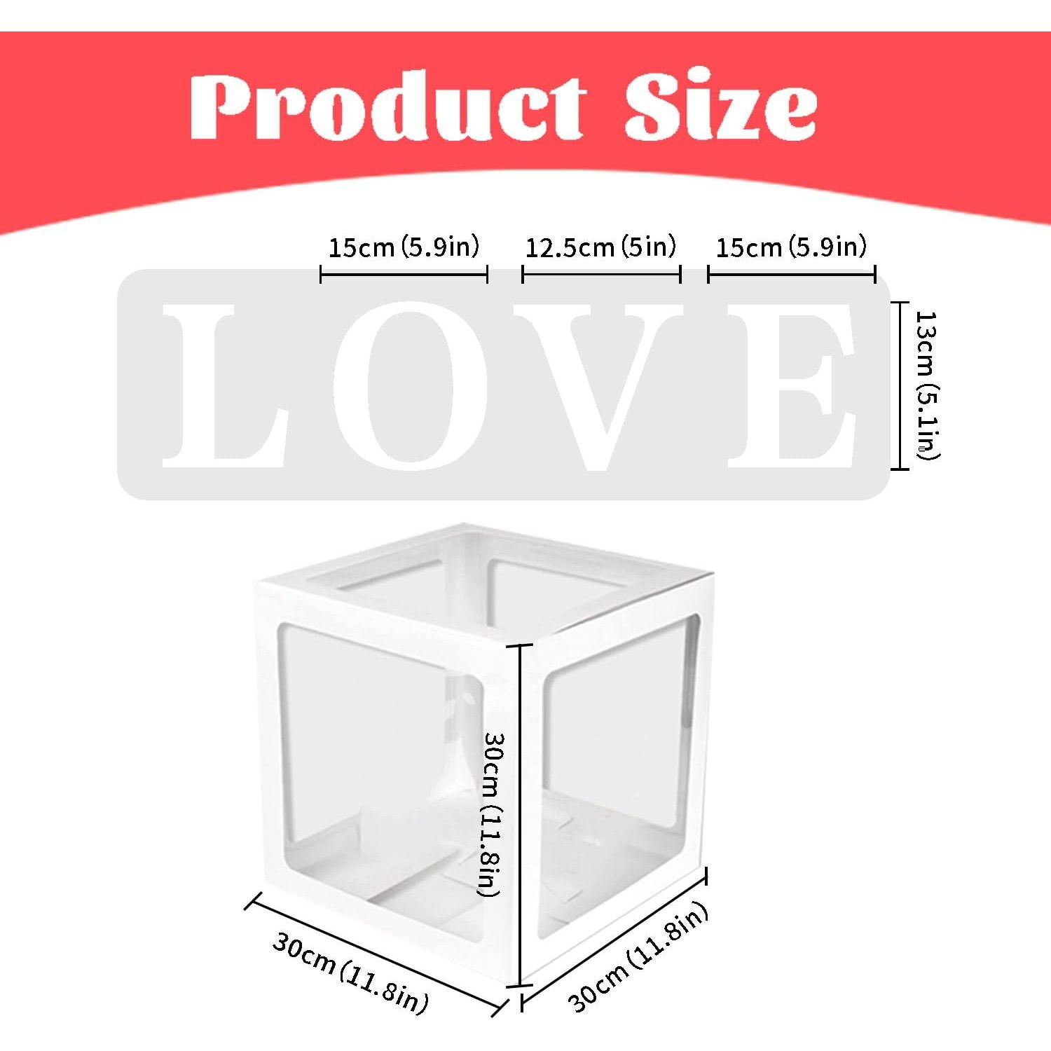 Set 4 Cutii pentru Baloane, Flippy, Model Scris Love, Tematica Iubire, Cuburi Decorative din Plastic, Accesorii pentru Petrecere, 30 x30 cm, Transparente Contur Alb [10]