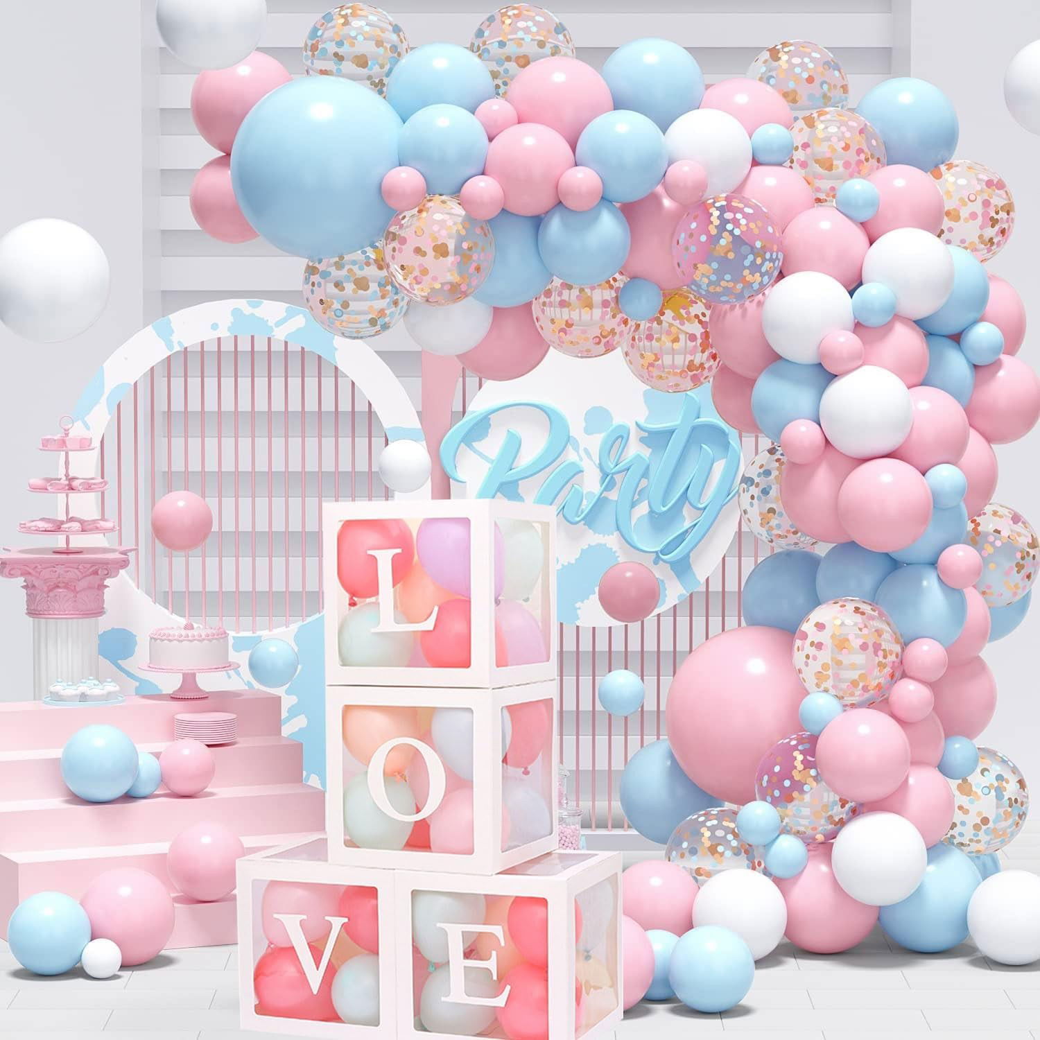 Set 4 Cutii pentru Baloane, Flippy, Model Scris Love, Tematica Iubire, Cuburi Decorative din Plastic, Accesorii pentru Petrecere, 30 x30 cm, Transparente Contur Alb [3]