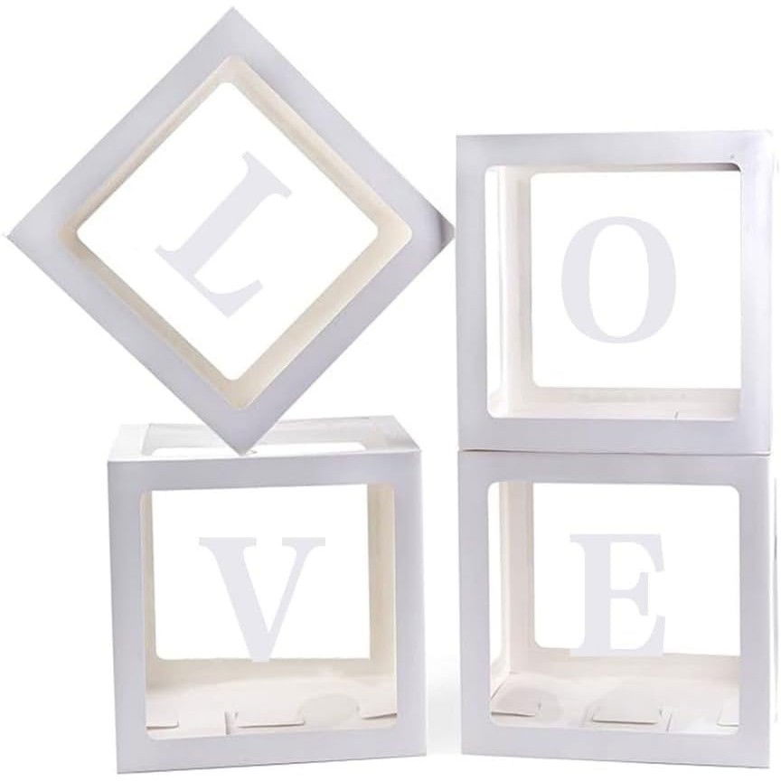 Set 4 Cutii pentru Baloane, Flippy, Model Scris Love, Tematica Iubire, Cuburi Decorative din Plastic, Accesorii pentru Petrecere, 30 x30 cm, Transparente Contur Alb [7]
