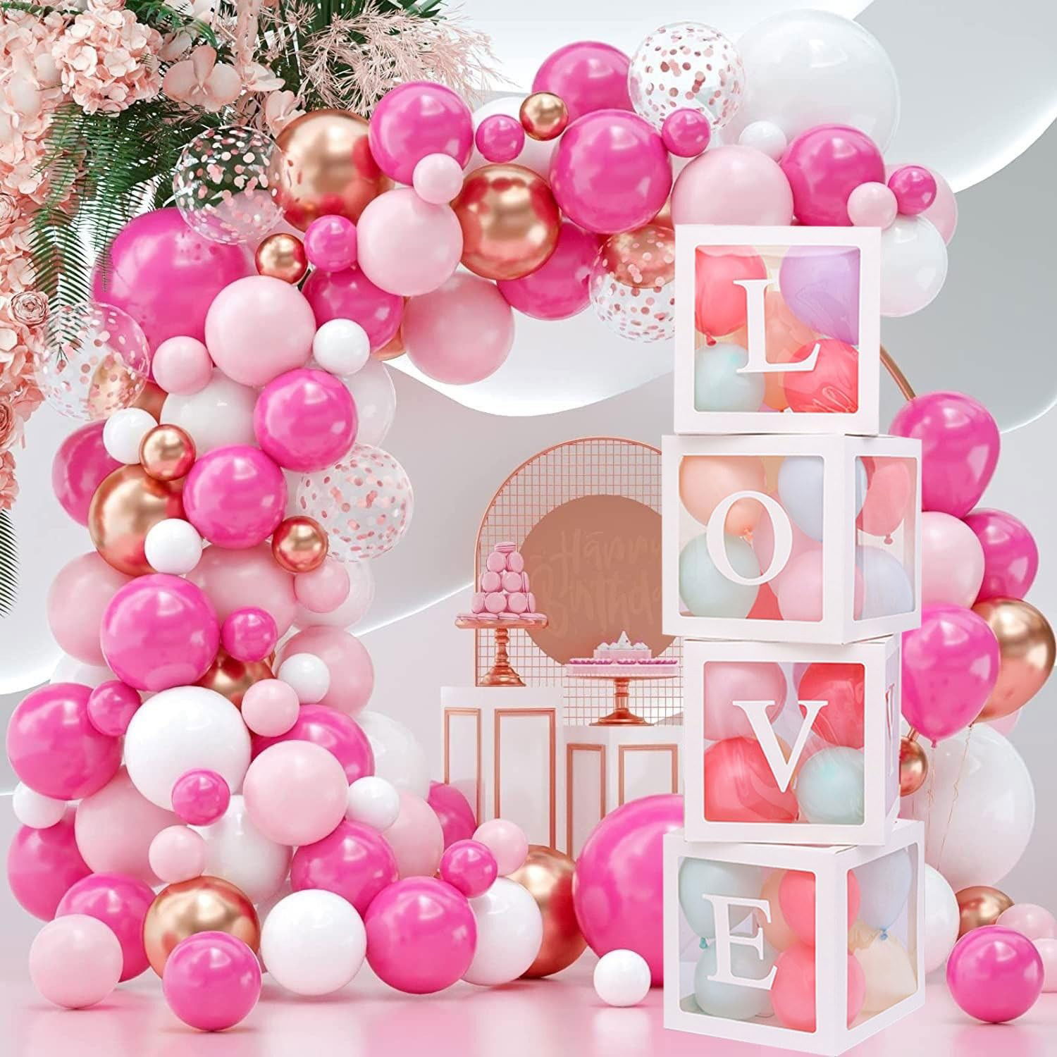 Set 4 Cutii pentru Baloane, Flippy, Model Scris Love, Tematica Iubire, Cuburi Decorative din Plastic, Accesorii pentru Petrecere, 30 x30 cm, Transparente Contur Alb [6]