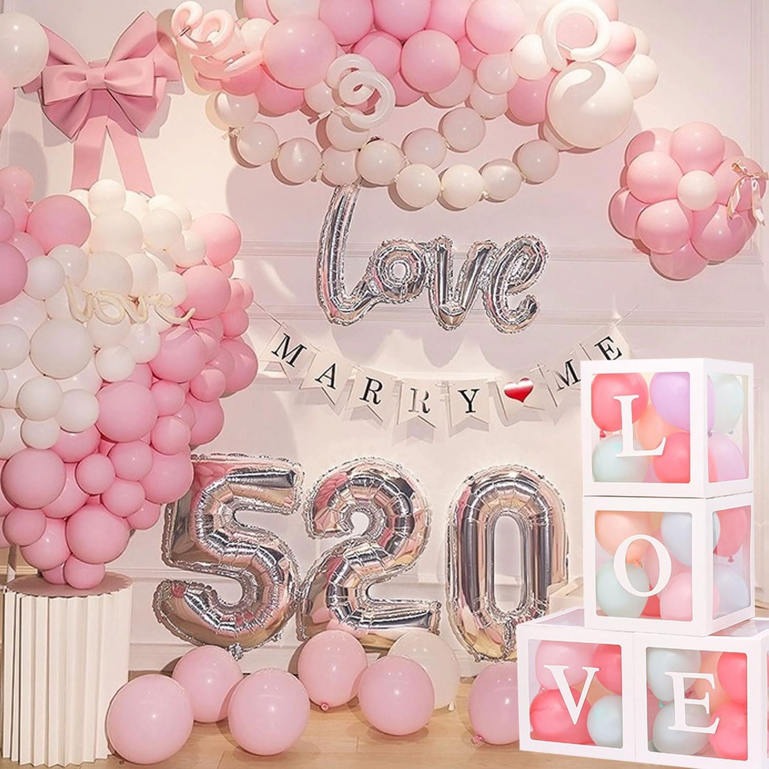 Set 4 Cutii pentru Baloane, Flippy, Model Scris Love, Tematica Iubire, Cuburi Decorative din Plastic, Accesorii pentru Petrecere, 30 x30 cm, Transparente Contur Alb [4]