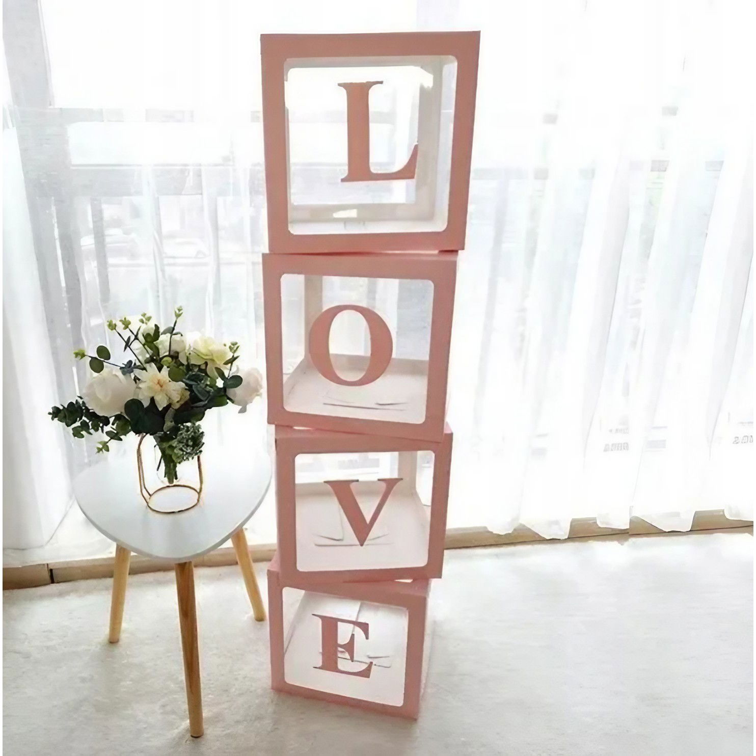 Set 4 Cutii pentru Baloane, Flippy, Model Scris Love, Tematica Iubire, Cuburi Decorative din Plastic, Accesorii pentru Petrecere, 30 x30 cm, Transparente Contur Roz [3]