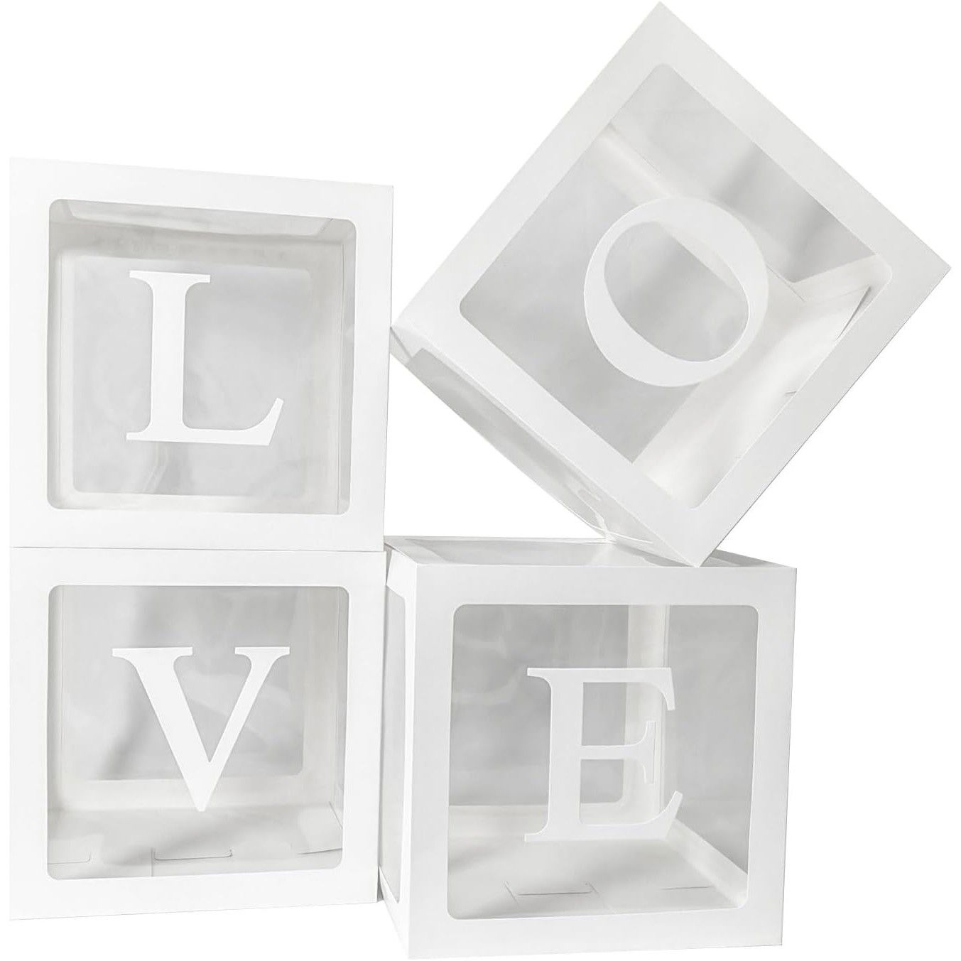 50 - 100 LEI - Set 4 Cutii pentru Baloane, Flippy, Model Scris Love, Tematica Iubire, Cuburi Decorative din Plastic, Accesorii pentru Petrecere, 30 x30 cm, Transparente Contur Alb
