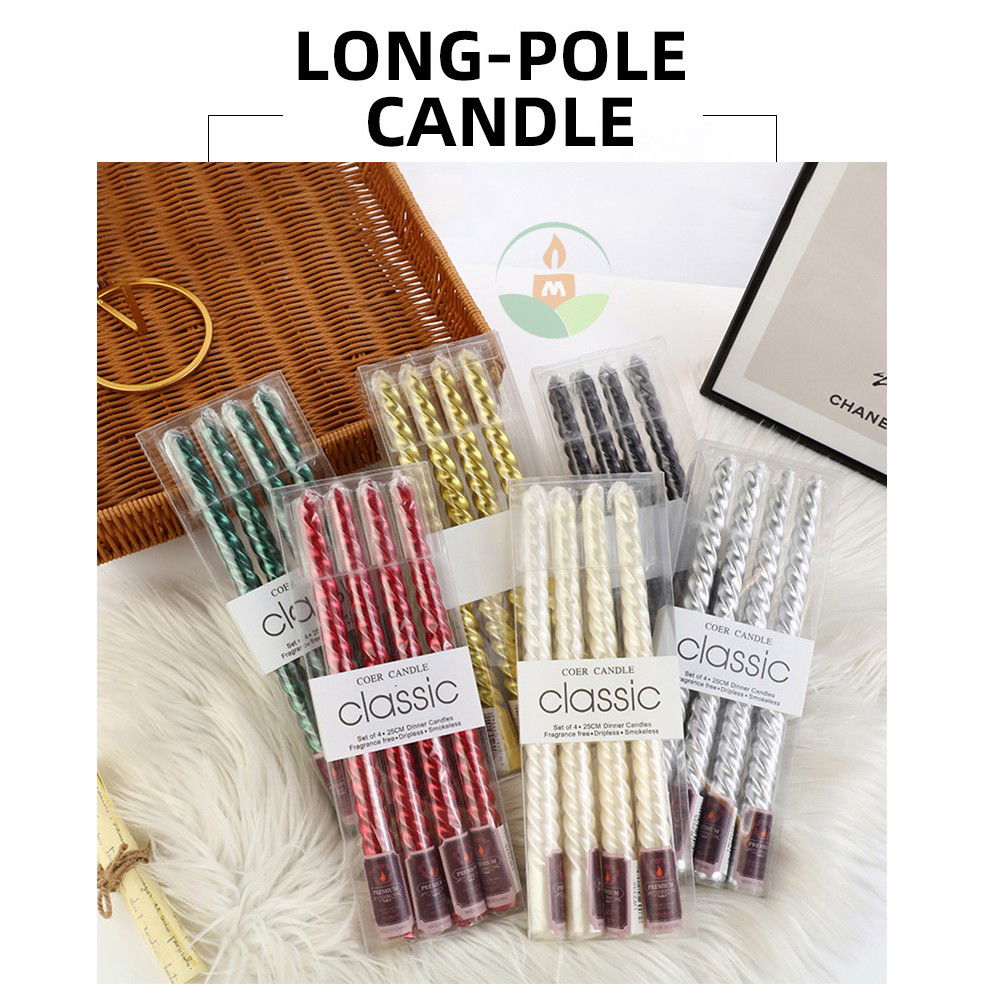 Lumanari - Set 4 Lumanari pentru Masa, Cina, Decor, Flippy, Model Rasucit, Lungime 25 cm, Verde