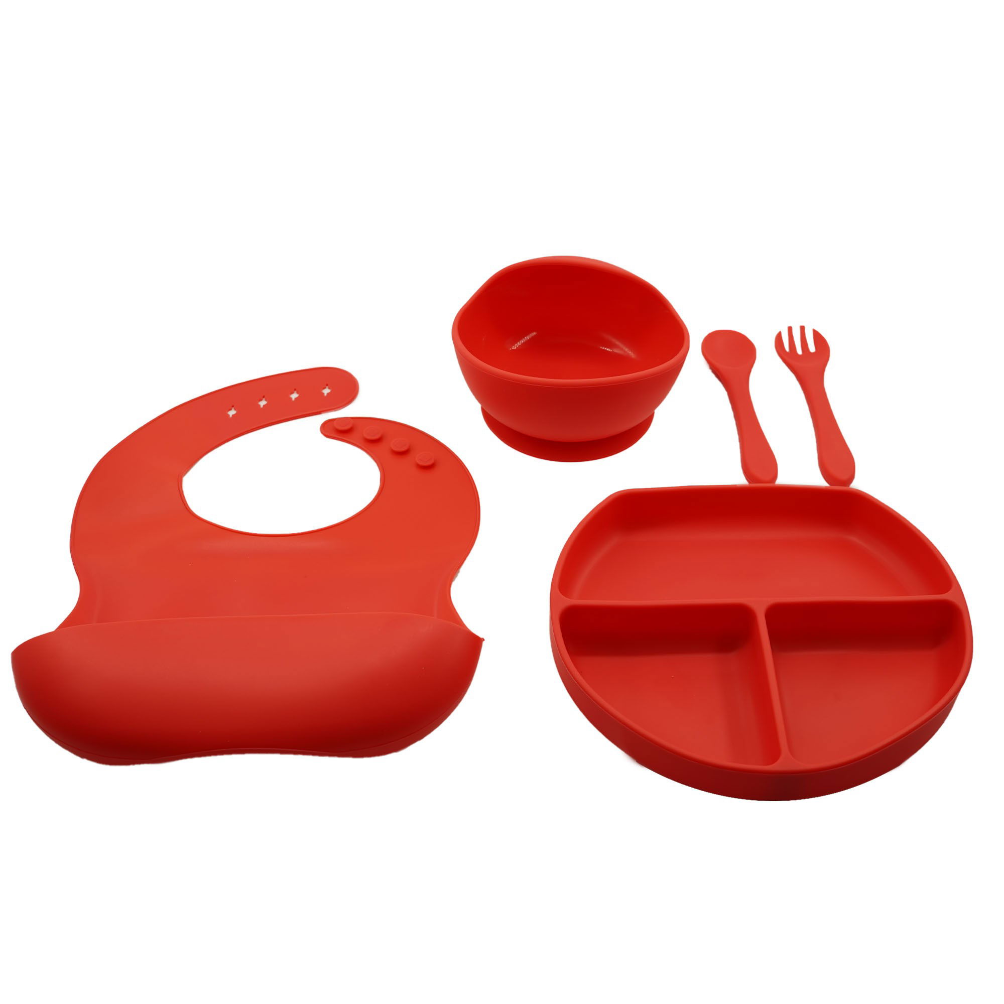 Articole Diverse copii - Set 5 piese diversificare bebelusi si copii din silicon Flippy, baveta, farfurie compartimentata cu ventuza, bol cu ventuza, tacamuri, fara alergeni, rosu