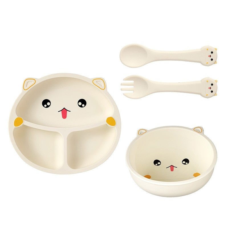 Articole Diverse copii - Set 4 Piese Hranire Bebelusi si Copii, Flippy, din Silicon, fara BPA, de la 12 Luni, Model Pisicuta, 28 x 26 x 2 cm, Bej