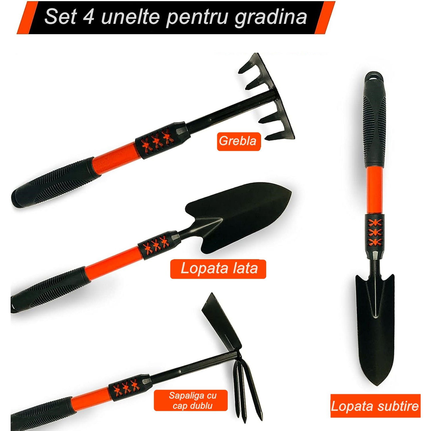 Set 4 Unelte de Gradina Flippy, Maner extensibil, pentru Plantare Prelucrare Sol si Ingrijire Plante, Material otel carbon, negru [3]
