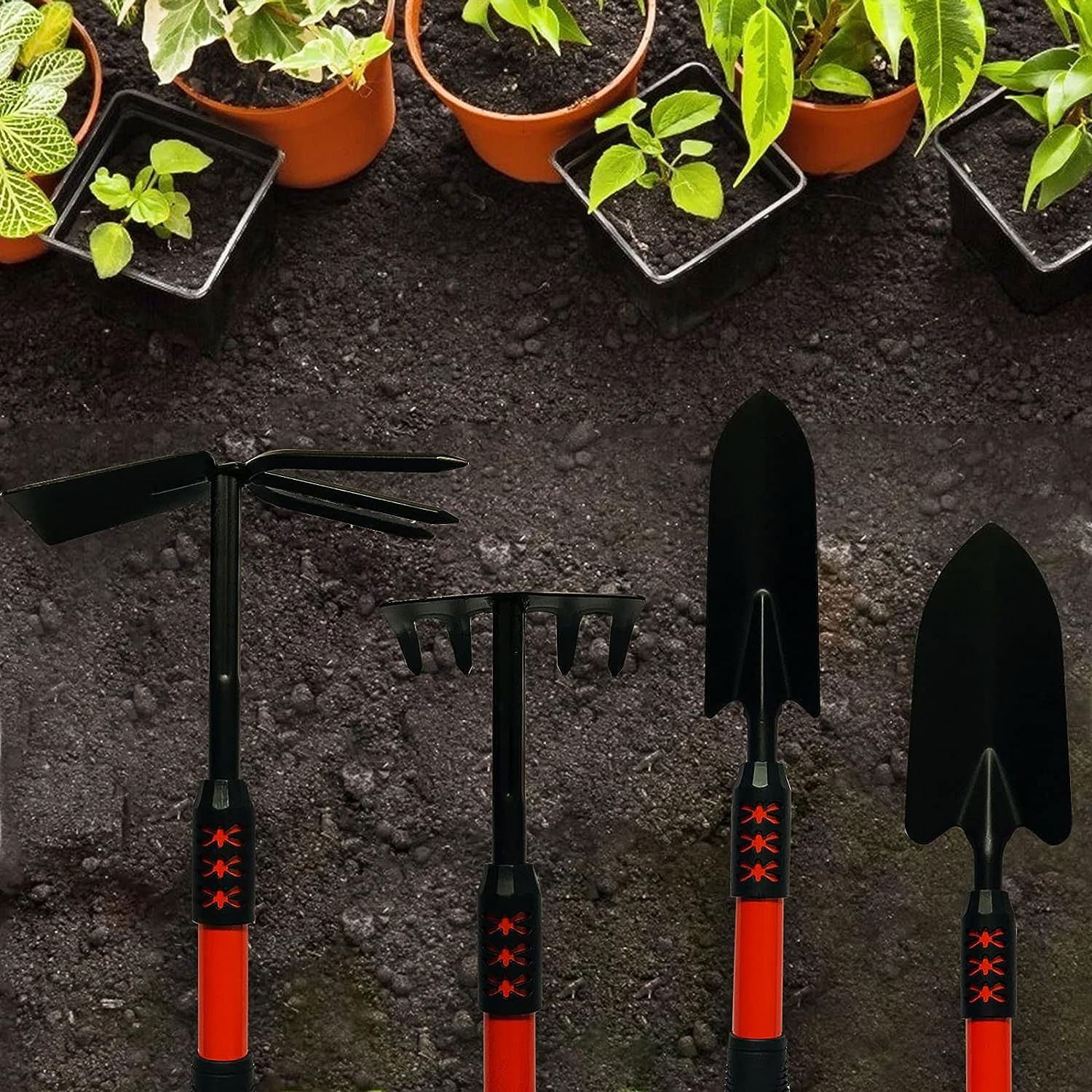 Set 4 Unelte de Gradina Flippy, Maner extensibil, pentru Plantare Prelucrare Sol si Ingrijire Plante, Material otel carbon, negru [4]