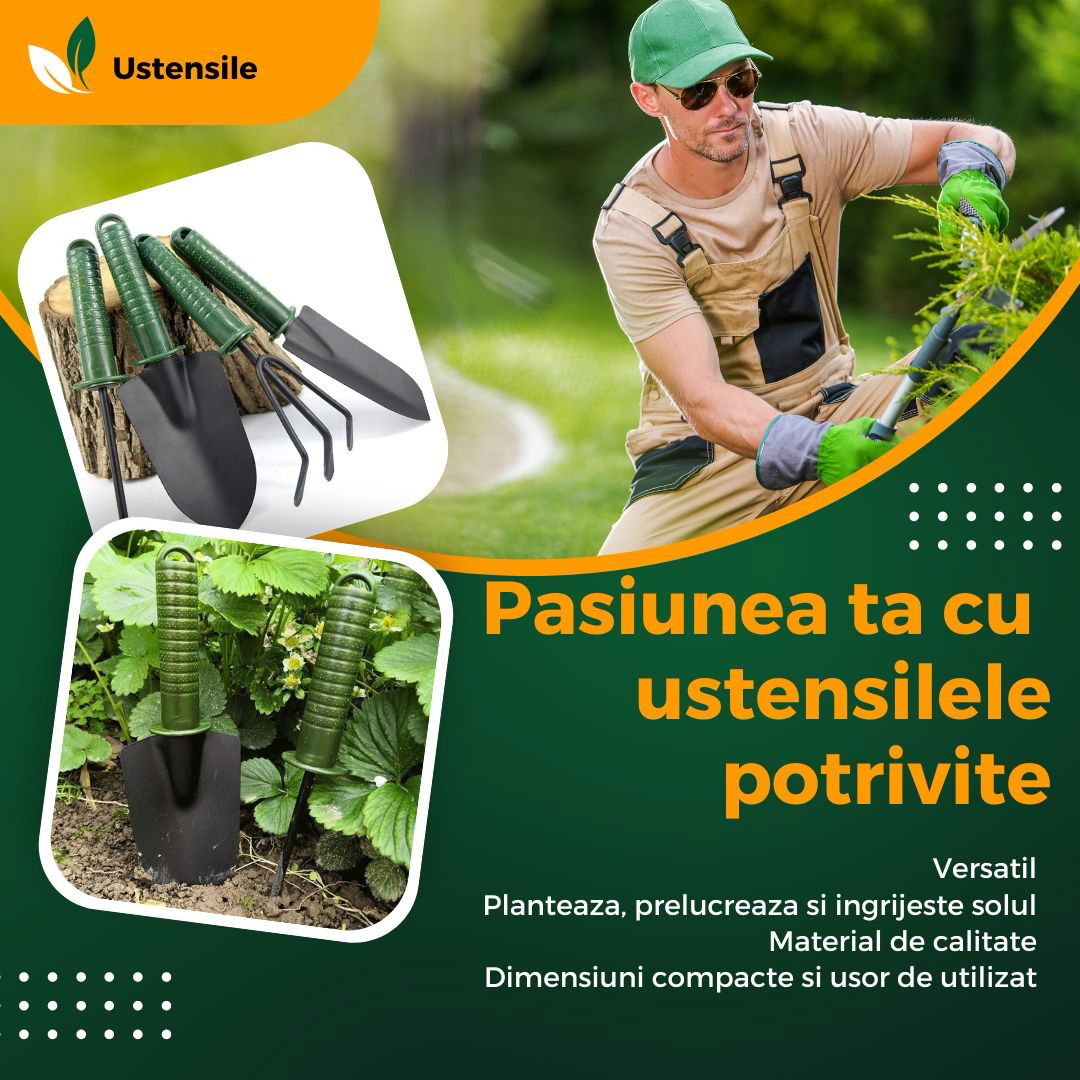 Pentru casa - Set 4 Unelte de Gradina Flippy, pentru Plantare Prelucrare Sol si Ingrijire Plante, Material PVC si cardboard, 25 x 8.5 cm, verde