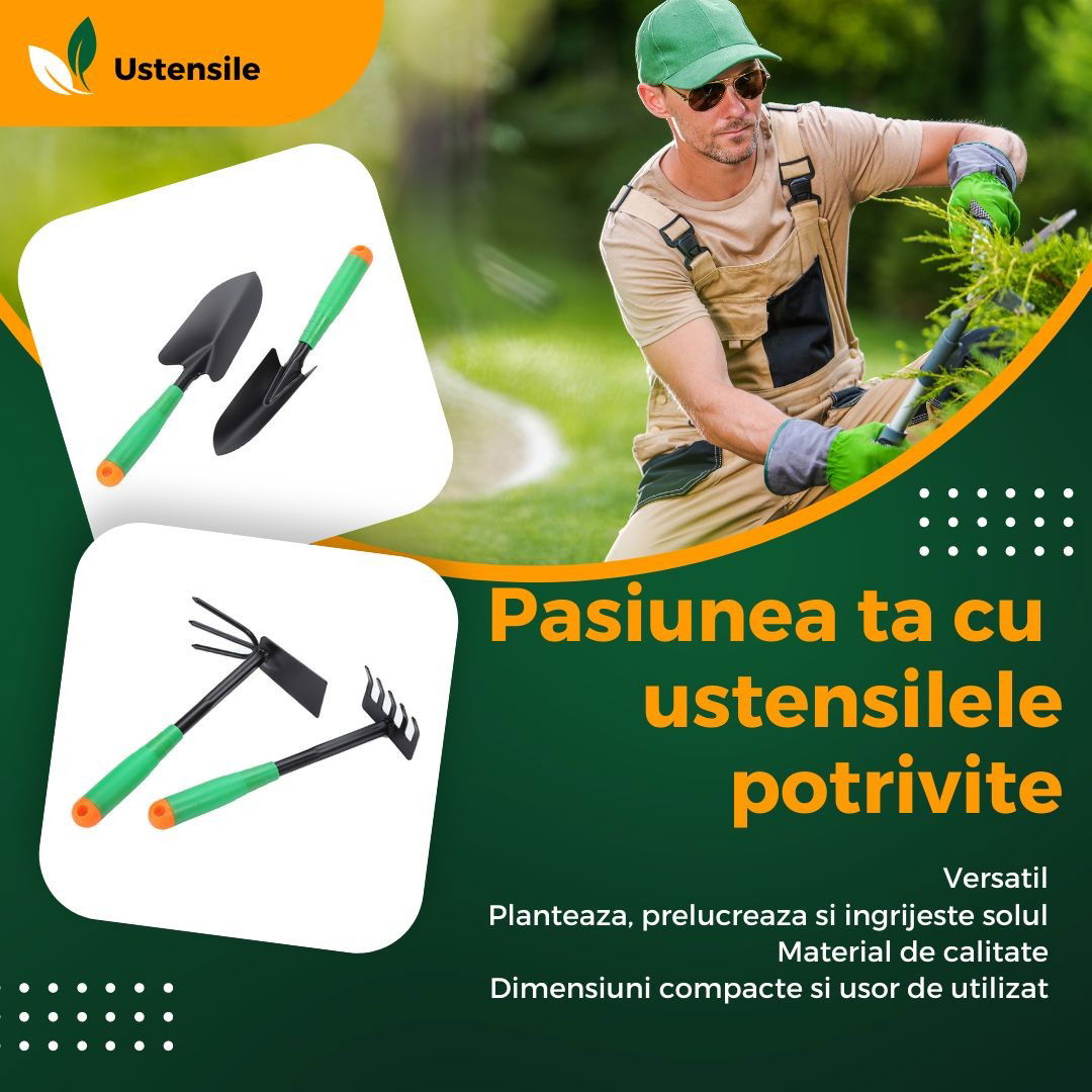 Articole pentru Gradina si Bricolaj - Set 4 Unelte de Gradina Flippy, pentru Plantare Prelucrare Sol si Ingrijire Plante, Material PVC si cardboard, 31.5 x 8.5 cm, verde