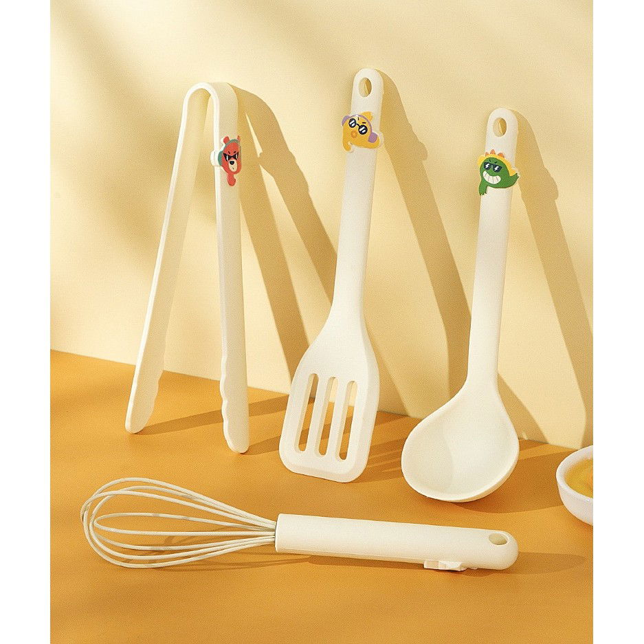 Set 4 Ustensile de Bucatarie, Flippy, pentru Copii, din Silicon, Termorezistente, Design Animat, 13 x 24 x 5 cm, Bej [4]