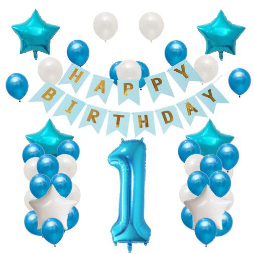 Tematica Fata/Baiat - Set Baloane Aniversare HAPPY BIRTHDAY, Flippy, set din 42 bucati, 1 bucata cifra mare, 4 stele din folie aluminiu, 37 simple din latex, Baby Boy, 60 cm Albastru
