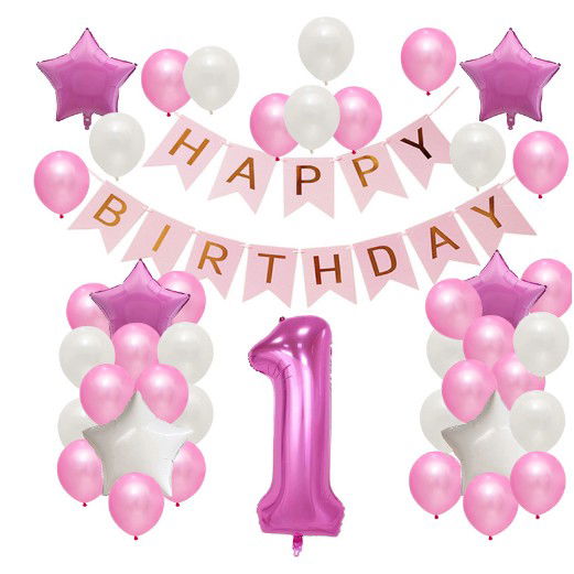 Tematica Fata/Baiat - Set Baloane Aniversare HAPPY BIRTHDAY, Flippy, set din 42 bucati, 1 bucata cifra mare, 4 stele din folie aluminiu, 37 simple din latex, Baby Girl, 60 cm Roz