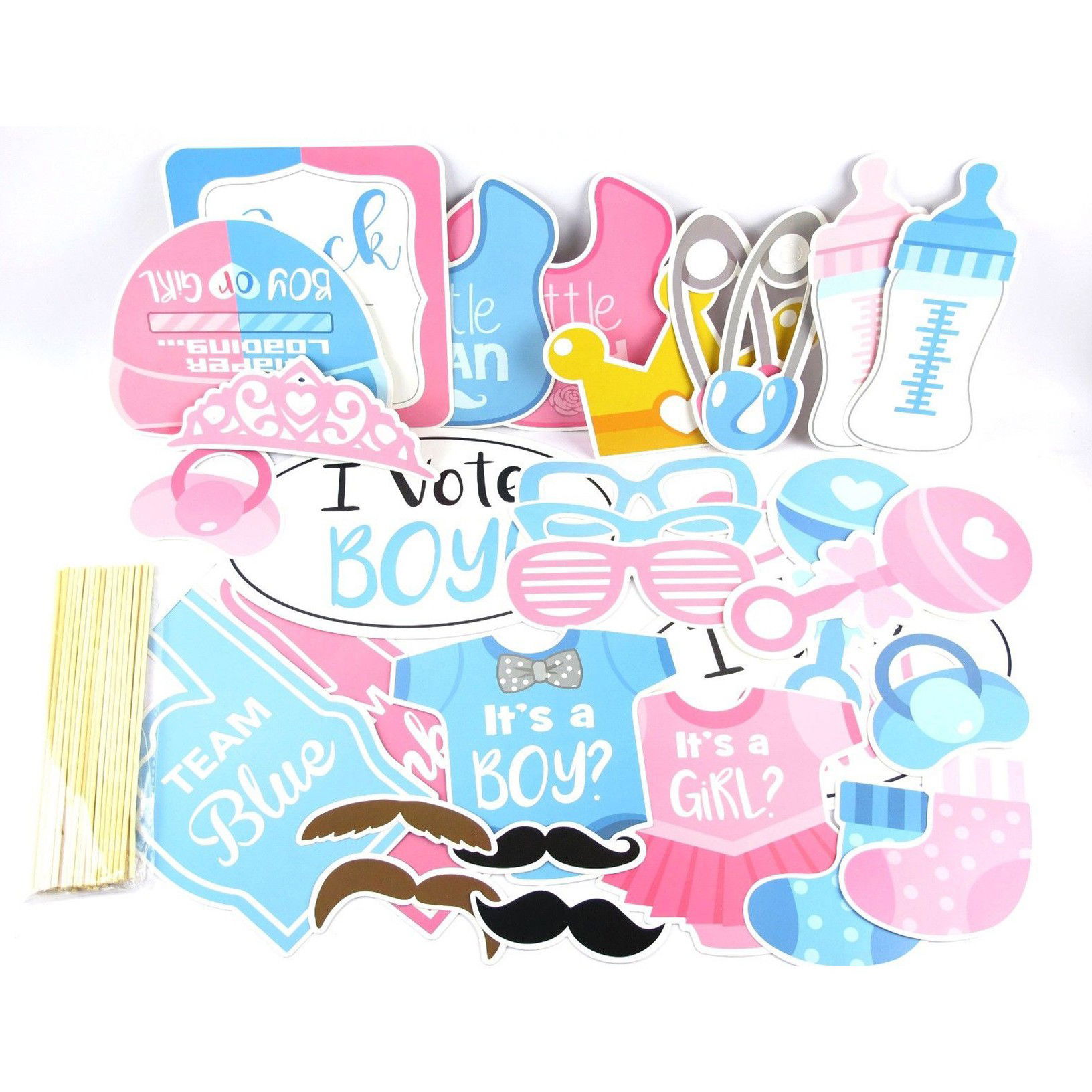 Tematica Fata/Baiat - Set 30 de Accesorii pentru Petrecere, Flippy, Props pentru Coltul de Poze, Gender Reveal, Tematica Baby Shower, Albastru-Roz