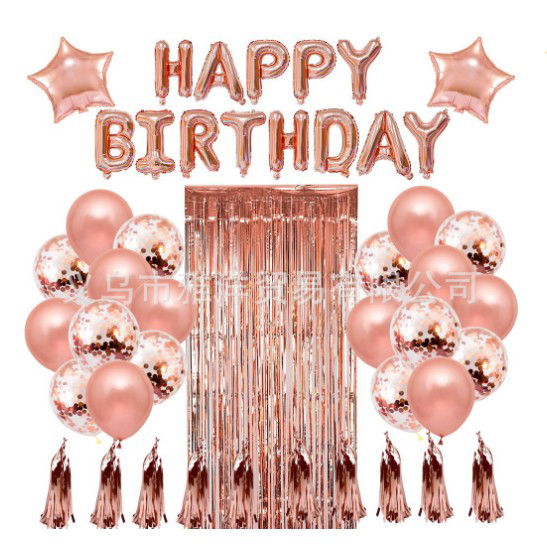 Seturi Baloane Folie - Set 47 baloane, 10 ciucuri, 2 baloane stea folie, 6 baloane latex confetti, 6 baloane galbene latex, 8 baloane negre latex, 1 Perdea Praty Folie, Litere Happy Birthday, Rose
