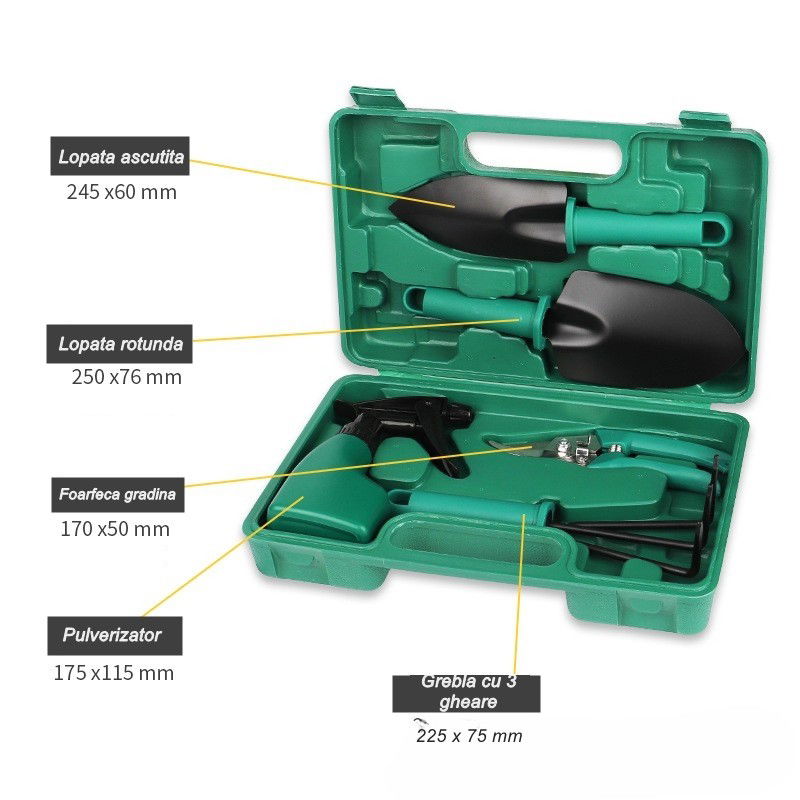 Articole pentru Gradina si Bricolaj - Set 5 accesorii pentru gradinarit Flippy, geanta depozitare inclusa, otel inoxidabil, 18.5 x 29.5 cm, verde