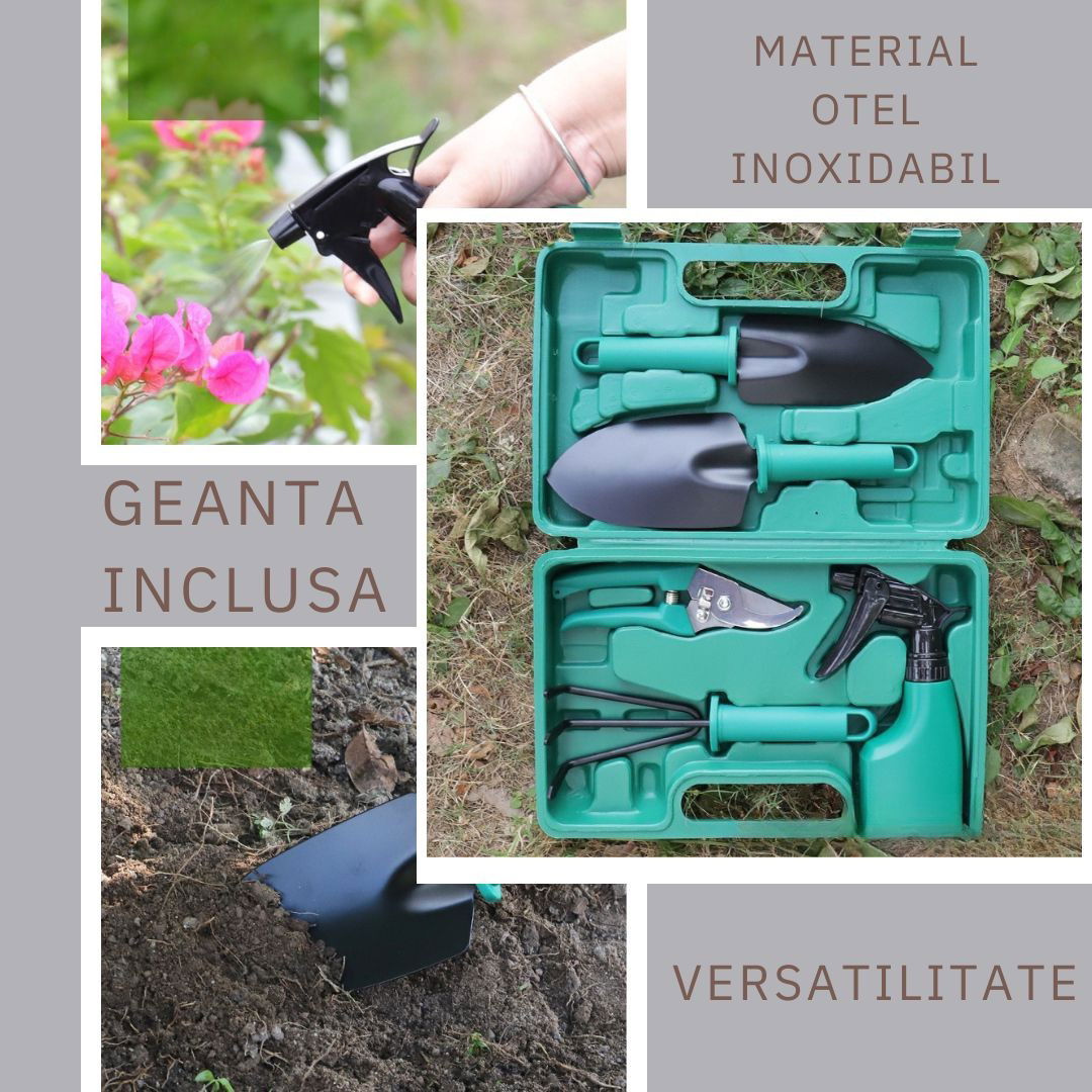 Set 5 accesorii pentru gradinarit Flippy, geanta depozitare inclusa, otel inoxidabil, 18.5 x 29.5 cm, verde [4]