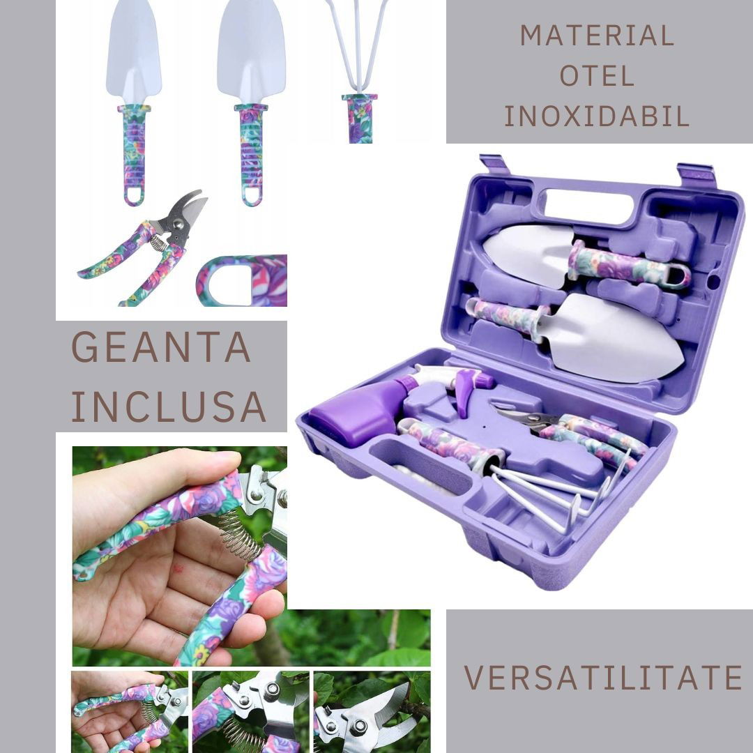 Set 5 accesorii pentru gradinarit Flippy, geanta depozitare inclusa, otel inoxidabil, 38 x 29 cm, mov [3]