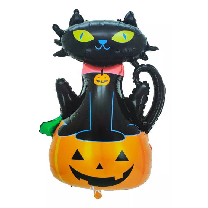 Set 5 Baloane din Folie Metalizata, Flippy, Figurine, Tema Halloween, Pai Inclus, Ambalaj Individual, Umflare cu Aer sau Heliu, Figurina Dovleac si Pisica 90x60 cm, Stelute si Cerculete 45 cm, Portoca [7]