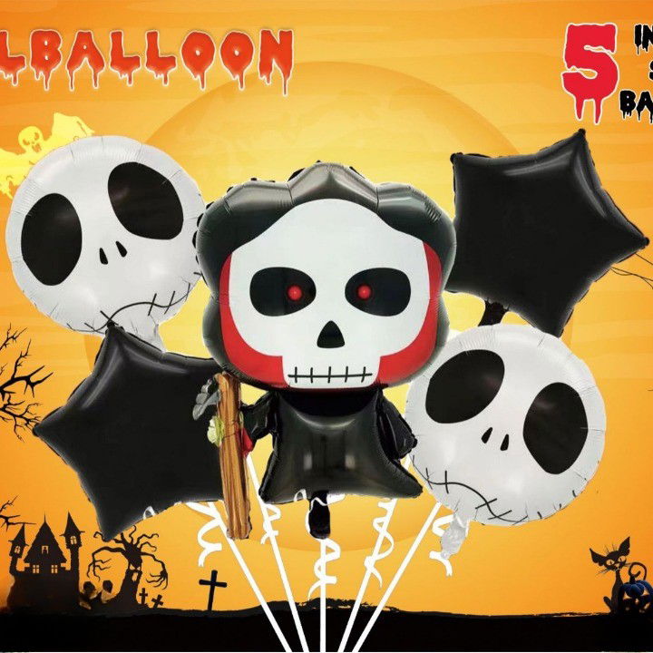 Set 5 Baloane din Folie Metalizata, Flippy, Figurine, Tema Halloween, Pai Inclus, Ambalaj Individual, Umflare cu Aer sau Heliu, Figurina Craniu 50.5x74 cm, Stelute si Cerculete 45 cm, Alb-Negru [6]