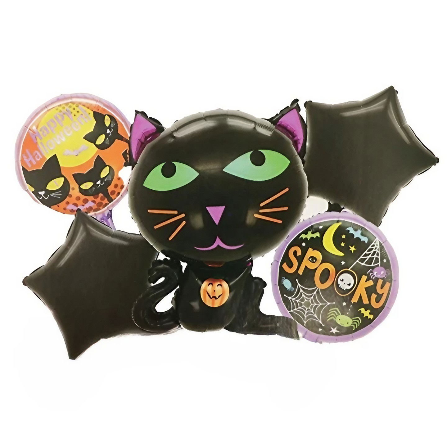 Petrecere - Set 5 Baloane din Folie Metalizata, Flippy, Figurine, Tema Halloween, Pai Inclus, Ambalaj Individual, Umflare cu Aer sau Heliu, Figurina Pisica 65x49 cm, Stelute si Cerculete 45 cm, Negru