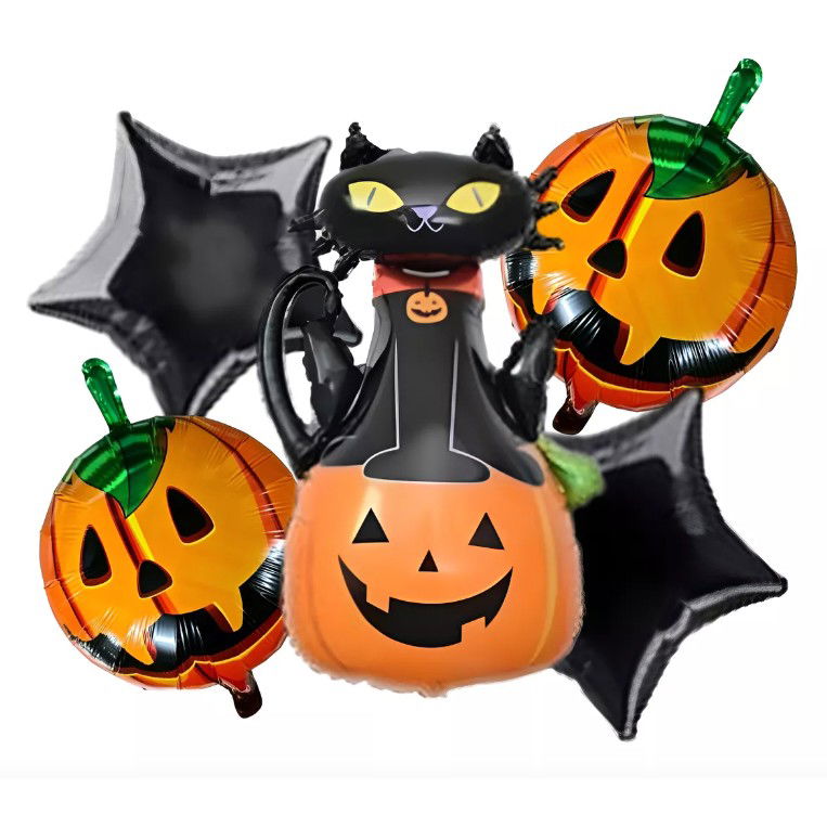 Set 5 Baloane din Folie Metalizata, Flippy, Figurine, Tema Halloween, Pai Inclus, Ambalaj Individual, Umflare cu Aer sau Heliu, Figurina Dovleac si Pisica 90x60 cm, Stelute si Cerculete 45 cm, Portoca [4]