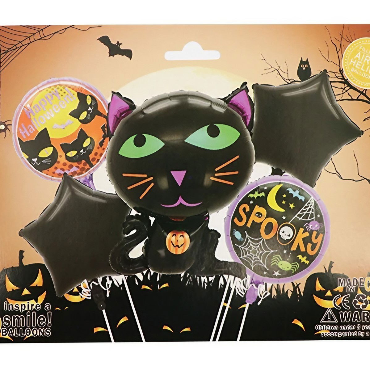 Baloane si Accesorii Halloween - Set 5 Baloane din Folie Metalizata, Flippy, Figurine, Tema Halloween, Pai Inclus, Ambalaj Individual, Umflare cu Aer sau Heliu, Figurina Pisica 65x49 cm, Stelute si Cerculete 45 cm, Negru