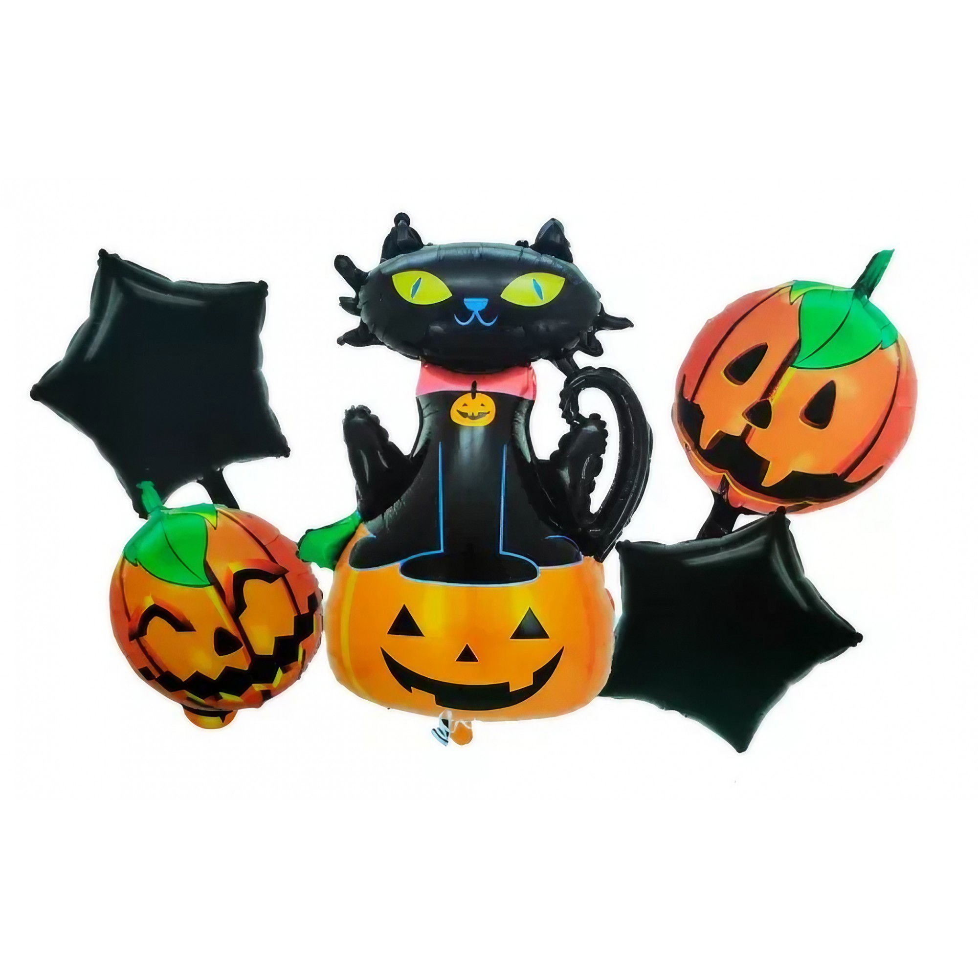Petrecere - Set 5 Baloane din Folie Metalizata, Flippy, Figurine, Tema Halloween, Pai Inclus, Ambalaj Individual, Umflare cu Aer sau Heliu, Figurina Dovleac si Pisica 90x60 cm, Stelute si Cerculete 45 cm, Portoca