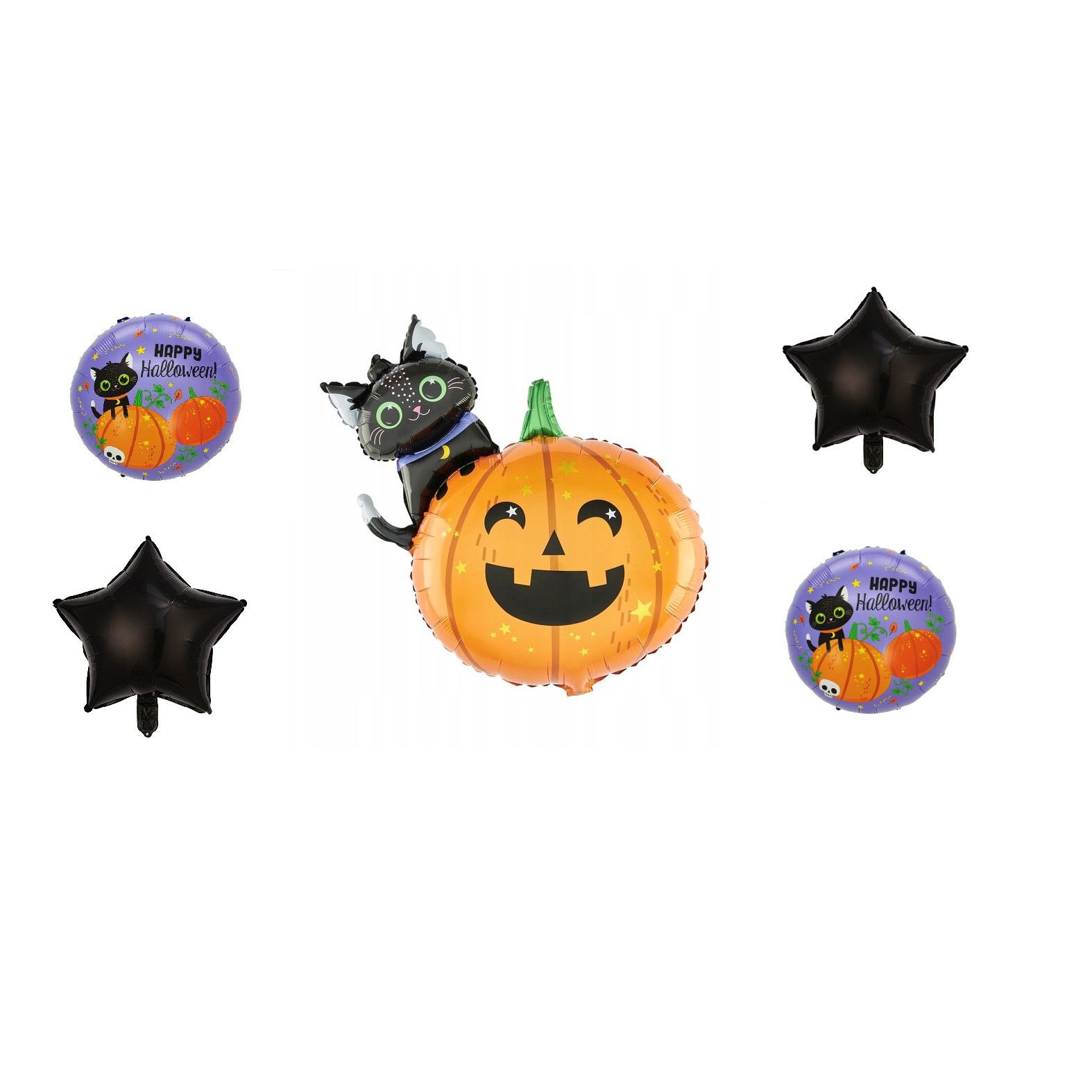 Petrecere - Set 5 Baloane din Folie Metalizata, Flippy, Figurine, Tema Halloween, Pai Inclus, Ambalaj Individual, Umflare cu Aer sau Heliu, Figurina Dovleac si Pisica 84x69 cm, Stelute si Cerculete 45 cm, Multico