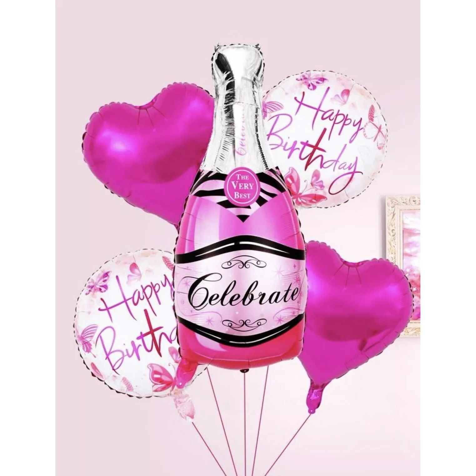 Seturi Baloane Folie - Set 5 Baloane din Folie Metalizata, Flippy, Figurine Sticla de Sampanie, Model Inimi, Tema Aniversare, Pai Inclus, Ambalaj Individual, Umflare cu Aer sau Heliu, Multicolor