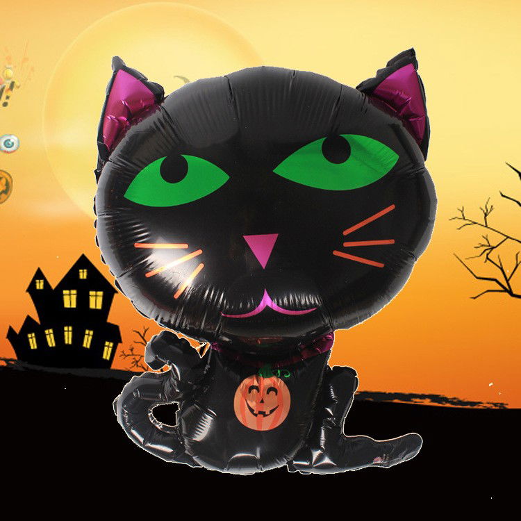 Set 5 Baloane din Folie Metalizata, Flippy, Figurine, Tema Halloween, Pai Inclus, Ambalaj Individual, Umflare cu Aer sau Heliu, Figurina Pisica 65x49 cm, Stelute si Cerculete 45 cm, Negru [6]