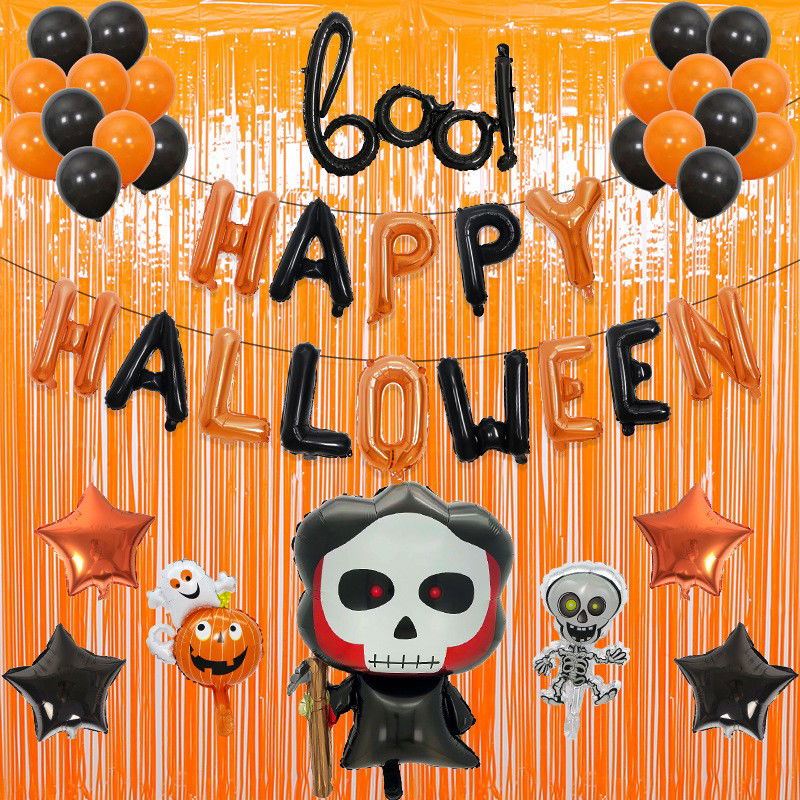 Set 5 Baloane din Folie Metalizata, Flippy, Figurine, Tema Halloween, Pai Inclus, Ambalaj Individual, Umflare cu Aer sau Heliu, Figurina Craniu 50.5x74 cm, Stelute si Cerculete 45 cm, Alb-Negru [5]