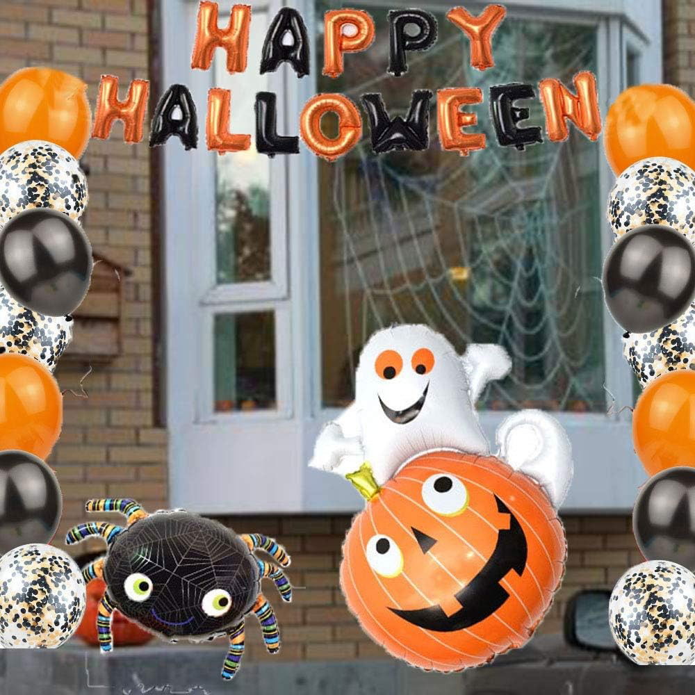 Set 5 Baloane din Folie Metalizata, Flippy, Figurine, Tema Halloween, Pai Inclus, Ambalaj Individual, Umflare cu Aer sau Heliu, Figurina Dovleac cu Fantoma 64x80 cm, Stelute si Cerculete 45 cm, Multic [4]