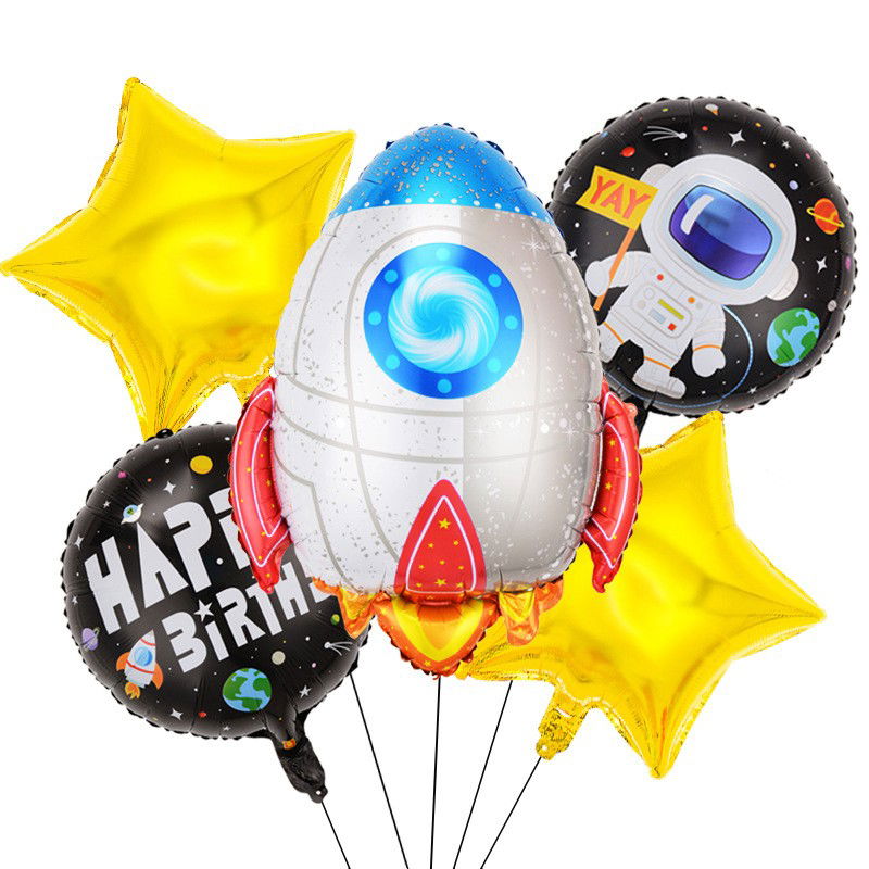 Seturi Baloane Folie - Set 5 baloane din folie metalizata HAPPY BIRTHDAY, Flippy, Figurina Model Racheta, Stelute Galbene, Adeziv si pai incluse, 78 x 45cm, Galben Alb