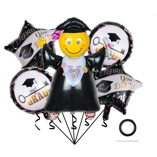 Petrecere - Baloane cu tematica Absolvire, Flippy, set din 5 baloane, 1 Figurina Absolventa, 2 stele, 2 rotunde, din folie de aluminiu, 70 x 40 cm, Aer si Heliu, Alb Negru