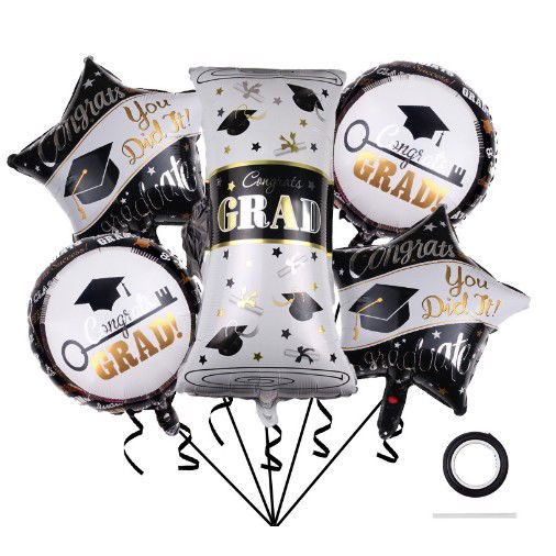 10 - 25 LEI - Baloane cu tematica Absolvire, Flippy, set din 5 baloane, 1 Figurina Diploma, 2 stele, 2 rotunde, din folie de aluminiu, 70 x 40 cm, Aer si Heliu, Alb Negru