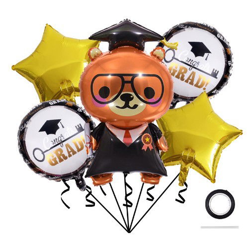 Baloane si Accesorii Absolvire - Baloane cu tematica Absolvire, Flippy, set din 5 baloane, 1 Figurina Ursulet, 2 stele, 2 rotunde, din folie de aluminiu, 70 x 40 cm, Aer si Heliu, Auriu Negru