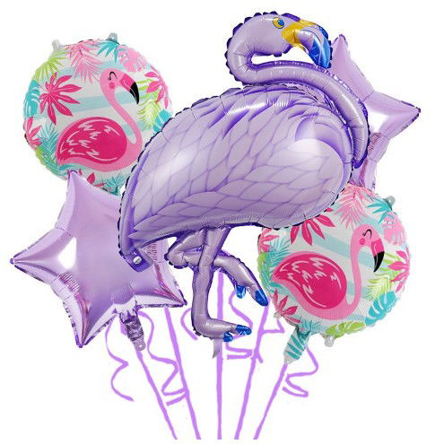 Seturi Baloane Folie - Baloane aniversare Flamingo Party, Flippy, din Folie de aluminiu si Latex, set din 5 baloane, 1 Flamingo, 2 Stele, 2 rotunde, 60 x 90 cm, Adeziv si pai inclus Mov