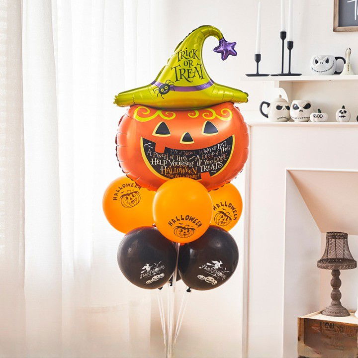 Set 5 Baloane din Folie Metalizata, Flippy, Figurine, Tema Halloween, Pai Inclus, Ambalaj Individual, Umflare cu Aer sau Heliu, Figurina Dovleac 54x87 cm, Stelute si Cerculete 45 cm, Multicolor [3]