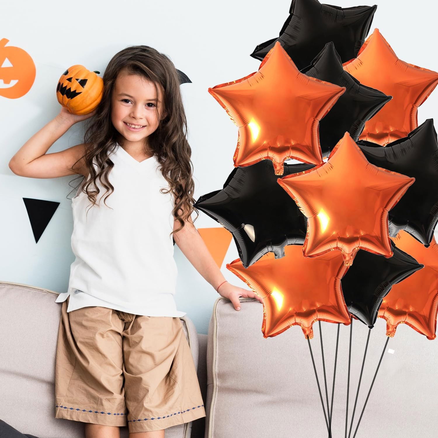 Set 5 Baloane din Folie Metalizata, Flippy, Figurine, Tema Halloween, Pai Inclus, Ambalaj Individual, Umflare cu Aer sau Heliu, Figurina Dovleac 54x87 cm, Stelute si Cerculete 45 cm, Multicolor [7]