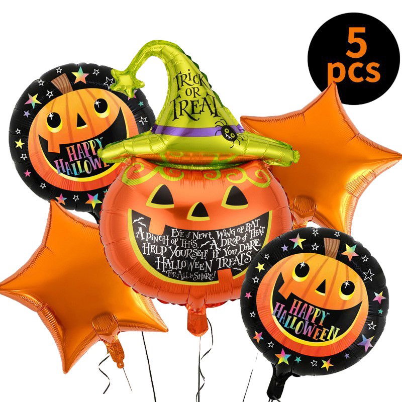 Baloane si Accesorii Halloween - Set 5 Baloane din Folie Metalizata, Flippy, Figurine, Tema Halloween, Pai Inclus, Ambalaj Individual, Umflare cu Aer sau Heliu, Figurina Dovleac 54x87 cm, Stelute si Cerculete 45 cm, Multicolor