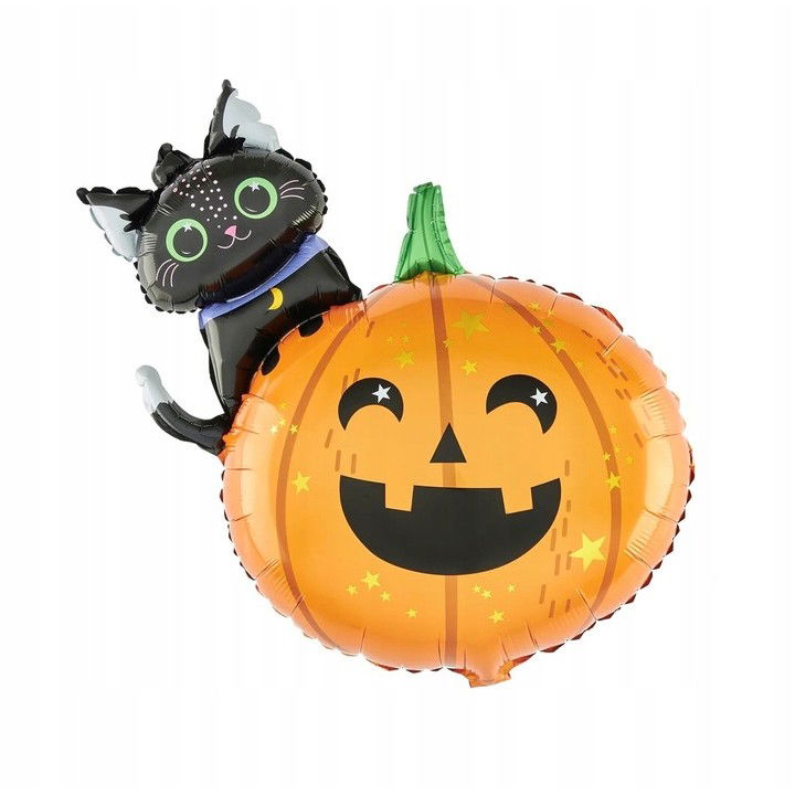 Set 5 Baloane din Folie Metalizata, Flippy, Figurine, Tema Halloween, Pai Inclus, Ambalaj Individual, Umflare cu Aer sau Heliu, Figurina Dovleac si Pisica 84x69 cm, Stelute si Cerculete 45 cm, Multico [3]