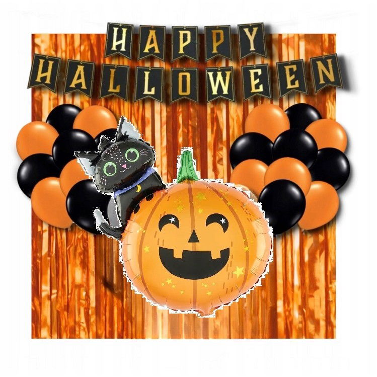 Set 5 Baloane din Folie Metalizata, Flippy, Figurine, Tema Halloween, Pai Inclus, Ambalaj Individual, Umflare cu Aer sau Heliu, Figurina Dovleac si Pisica 84x69 cm, Stelute si Cerculete 45 cm, Multico [4]