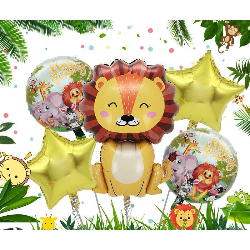 Set 5 Baloane din Folie Metalizata, Flippy, Figurine, Tema Aniversare Jungla, Pai Inclus, Ambalaj Individual, Umflare cu Aer sau Heliu, Figurina Leu 69.5x101 cm, Stelute si Cerculete 45 cm, Multicolor [3]