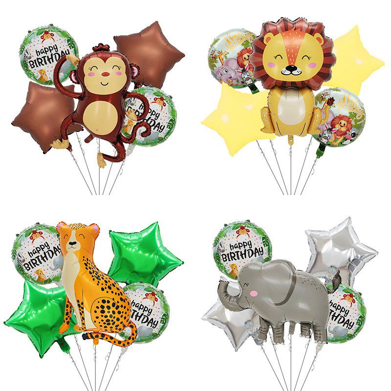 Set 5 Baloane din Folie Metalizata, Flippy, Figurine, Tema Aniversare Jungla, Pai Inclus, Ambalaj Individual, Umflare cu Aer sau Heliu, Figurina Leu 69.5x101 cm, Stelute si Cerculete 45 cm, Multicolor [4]