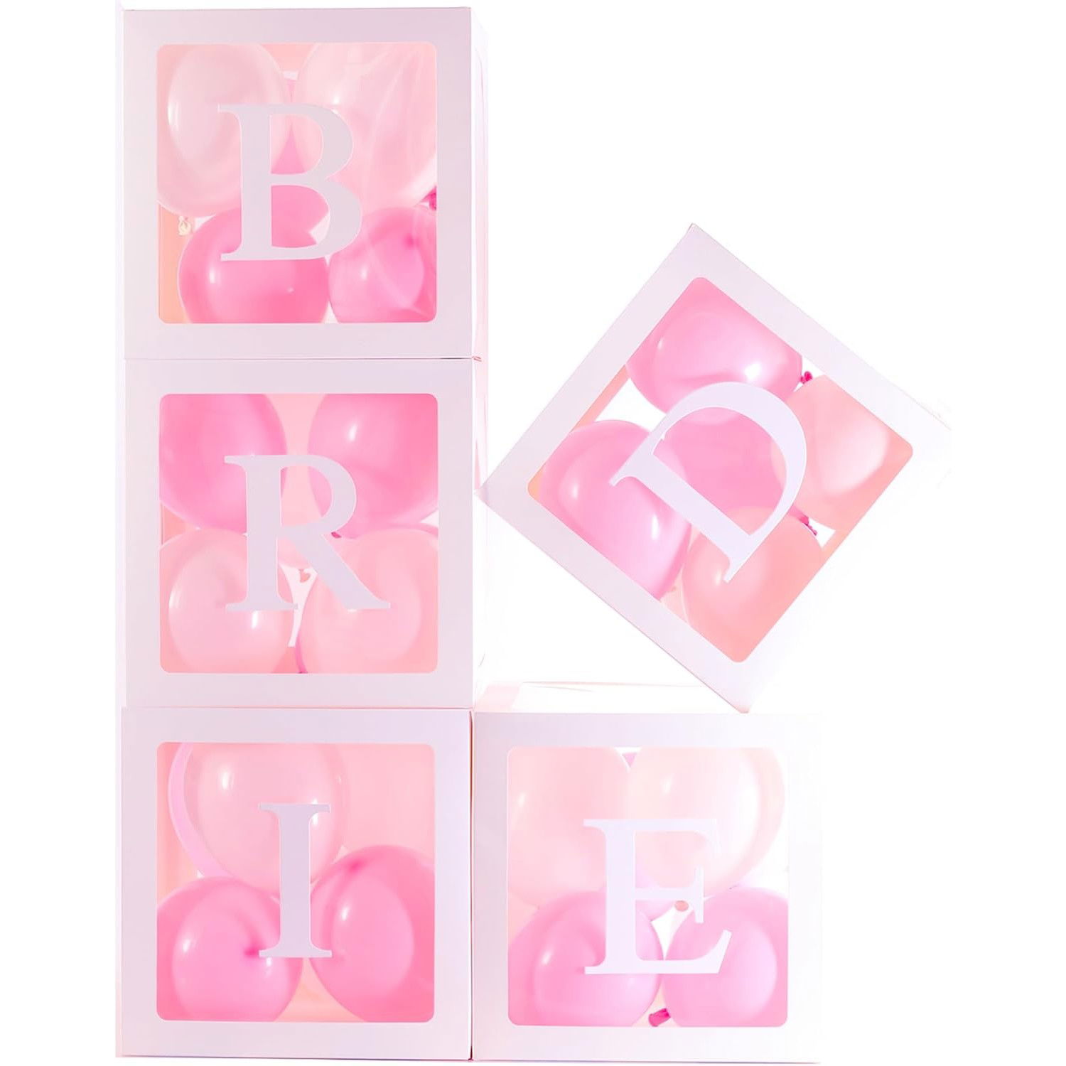 Set 5 Cutii pentru Baloane, Flippy, Model Scris Bride, Tematica Nunta, Cuburi Decorative din Plastic, Accesorii pentru Petrecere, 30 x30 cm, Transparente Contur Alb [5]