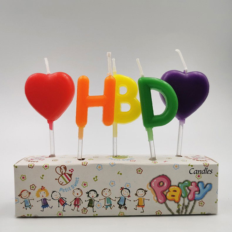 Set 5 Lumanari de Tort, Flippy, Model Inimi, Litere HBD, 1.8 x 2.7 cm, din Ceara, Multicolor [3]
