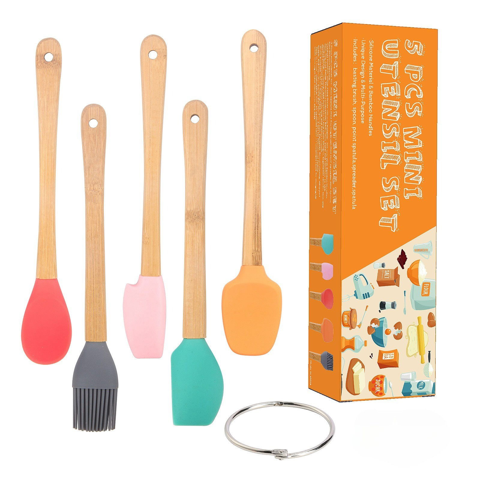 Ustensile pentru Bucătărie - Set 5 Mini Spatule de Silicon Flippy, pensula, Stejar, Multicolor